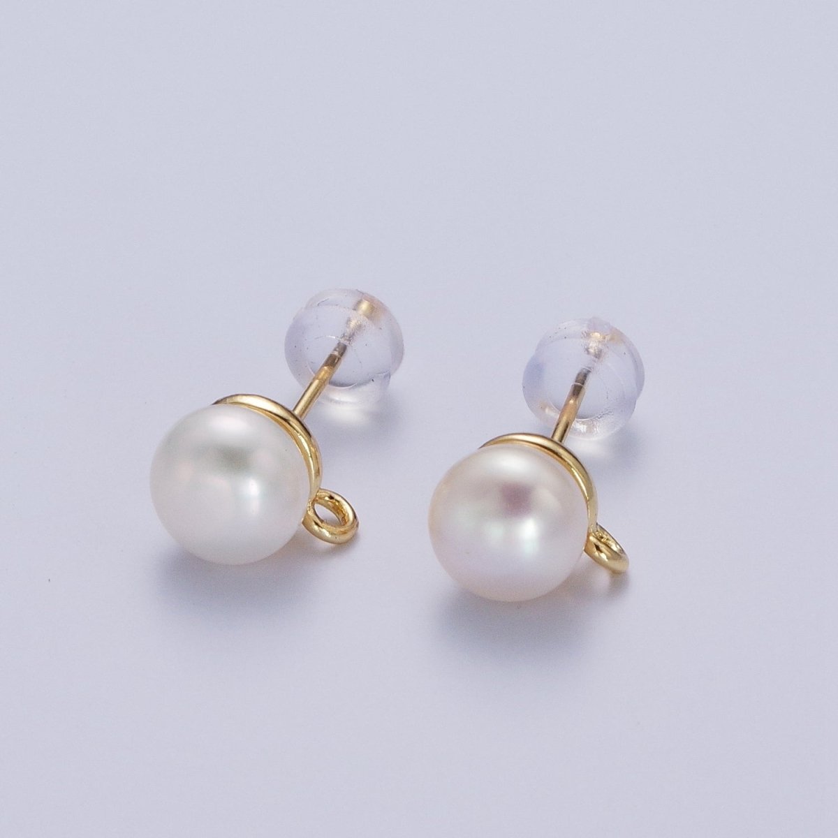 Round White Shell Pearl Gold Stud With Loop Earrings Supply Open Link Stud For Jewelry Making | K-063 - DLUXCA