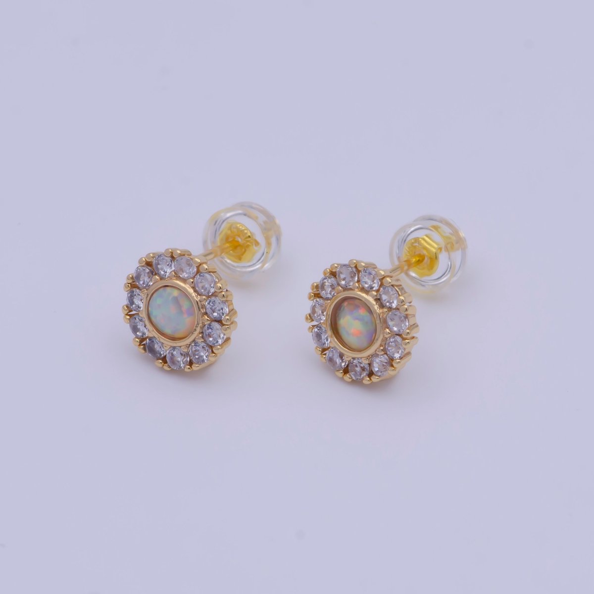 Round White/Blue Opal Micro Paved CZ Studs with Loop Earring Supply L-921 L-922 - DLUXCA