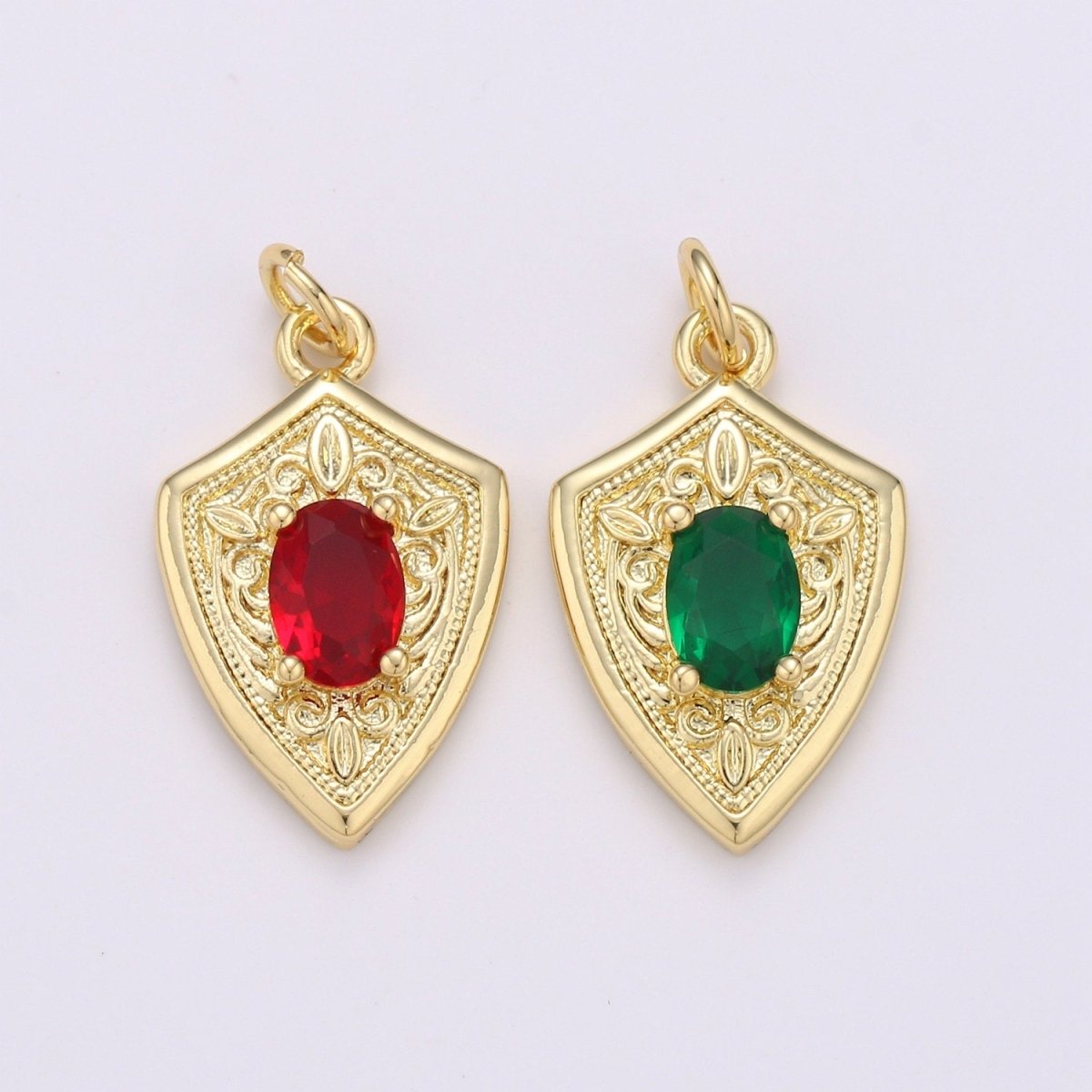 Ruby Cubic Zirconia Charms Pendants-Emerald CZ 14K Gold Filled Medieval Charm, Shield Pendant Necklace Bracelet Supply D-702 D-703 - DLUXCA