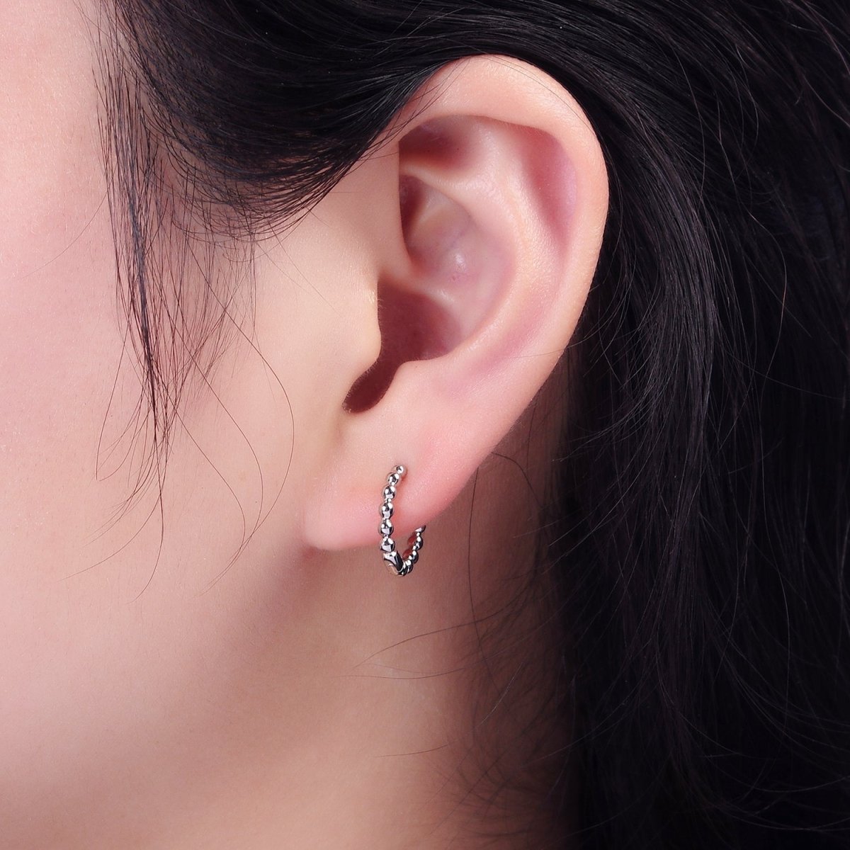 S925 Sterling Silver 13mm Beaded Bubble Minimalist Huggie Earring - DLUXCA
