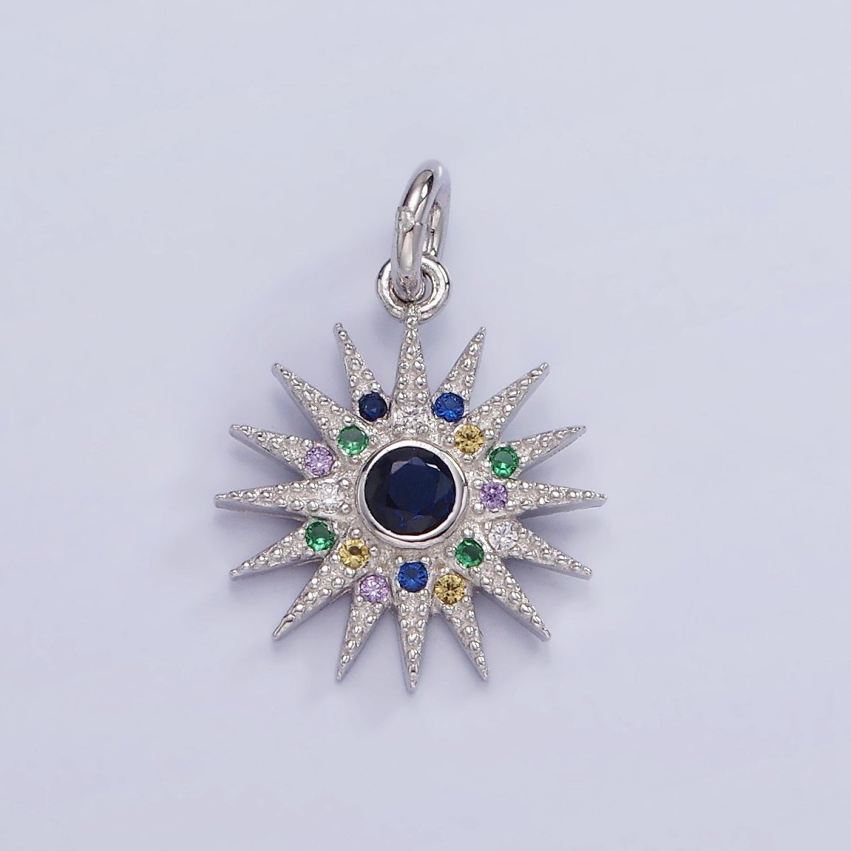 S925 Sterling Silver 13mm Sunburst Charm with Colorful Cz Stone | SL-480 - DLUXCA