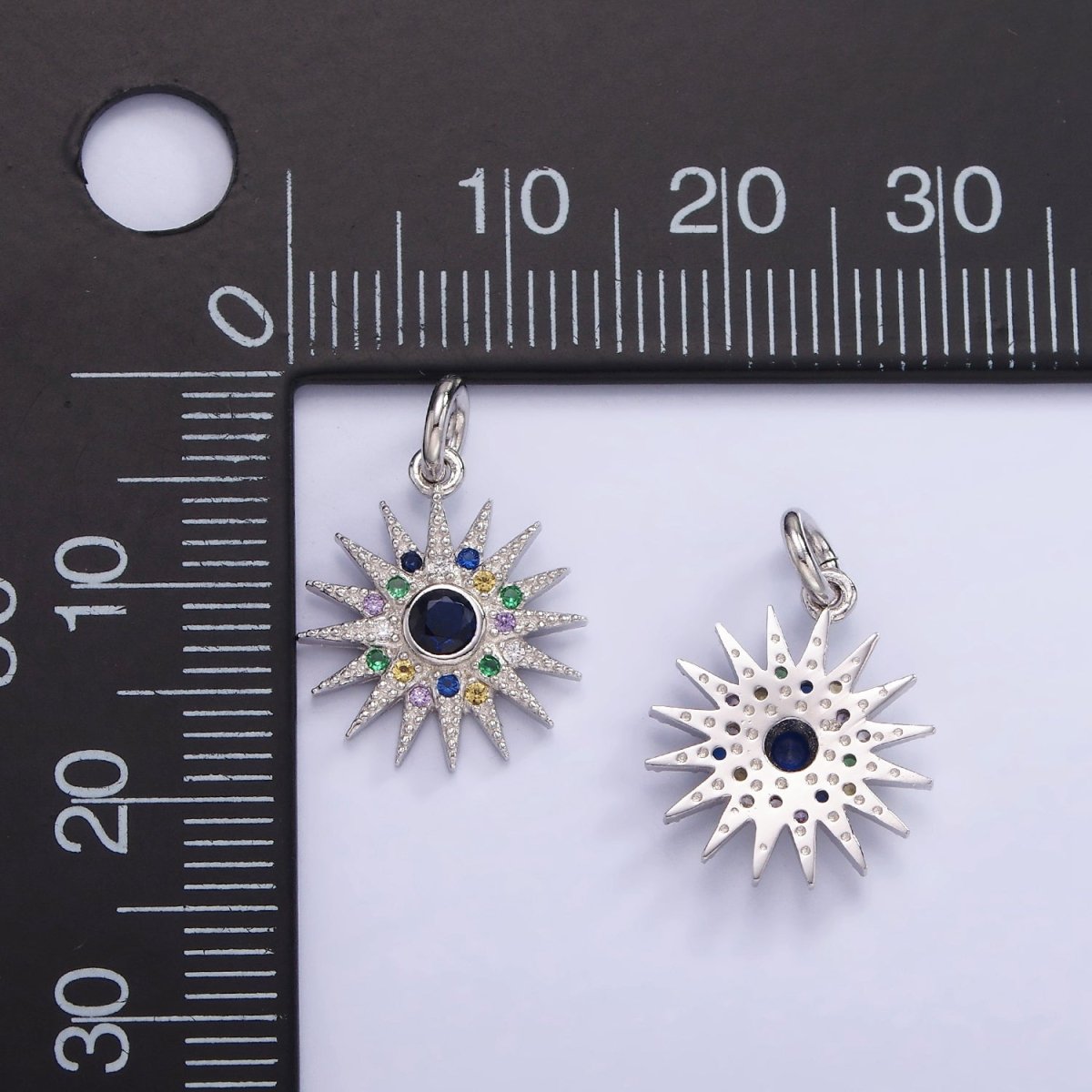 S925 Sterling Silver 13mm Sunburst Charm with Colorful Cz Stone | SL-480 - DLUXCA