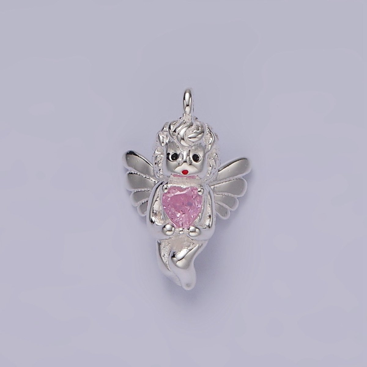 S925 Sterling Silver 15mm Pink CZ Heart Cupid Cherub Fairy Charm | SL-423 - DLUXCA
