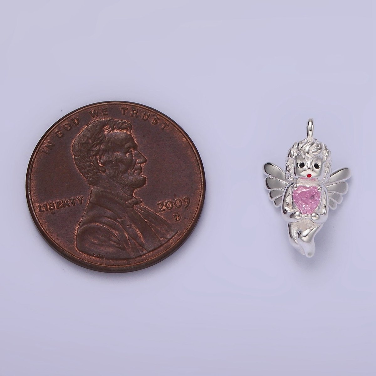 S925 Sterling Silver 15mm Pink CZ Heart Cupid Cherub Fairy Charm | SL-423 - DLUXCA