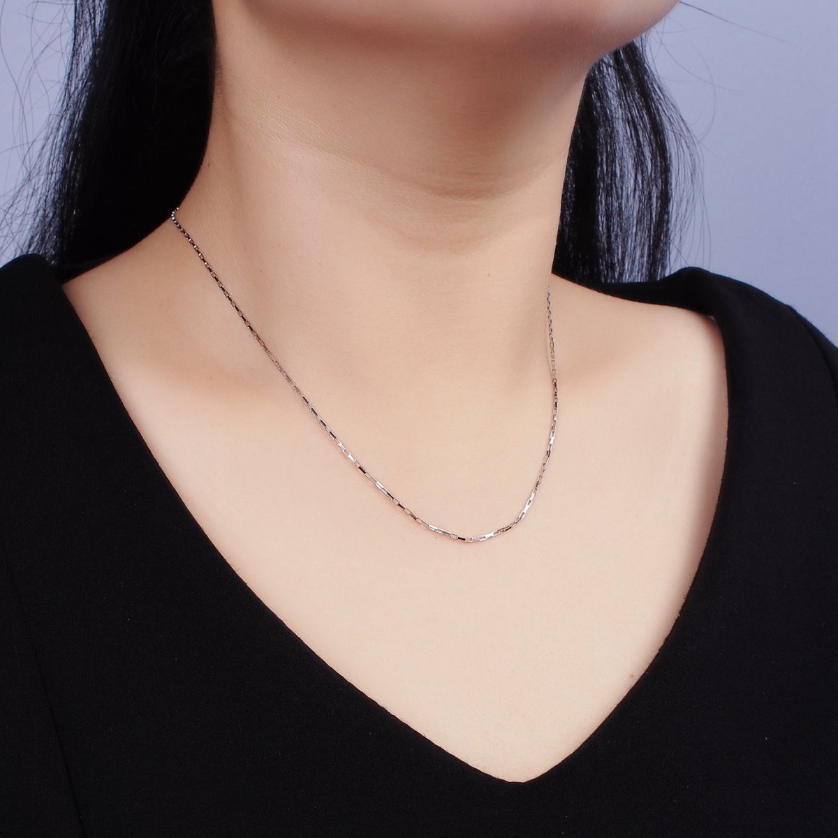 S925 Sterling Silver 1mm Dainty Rectangular Box 15.5 Inch Choker Chain Necklace | WA-1942 Clearance Pricing - DLUXCA