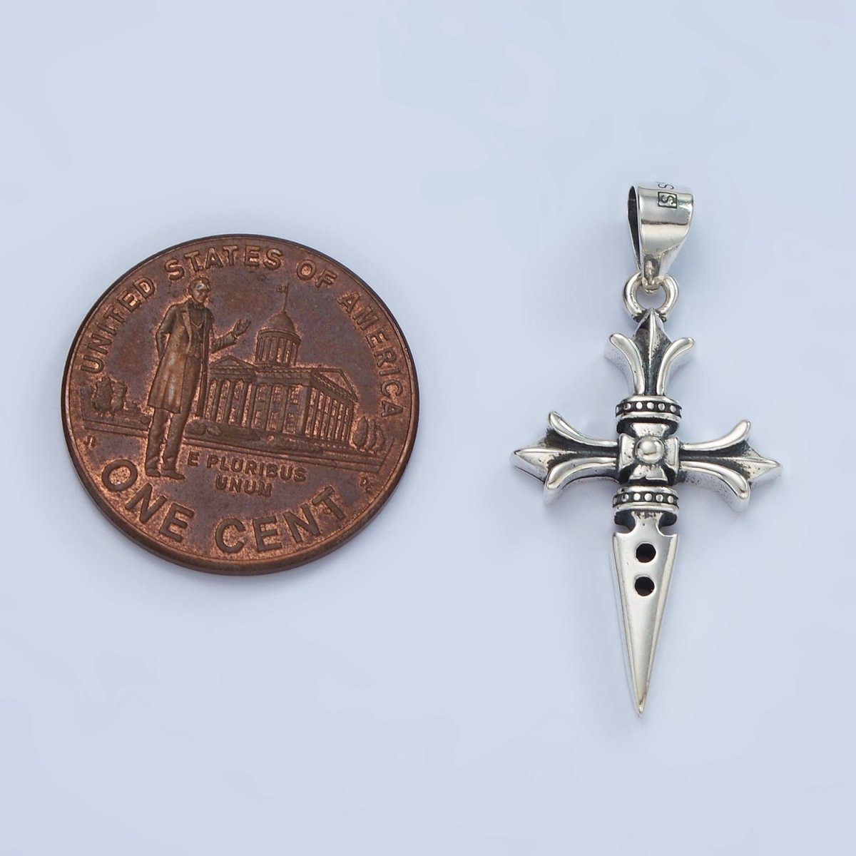 S925 Sterling Silver 30mm Fleur St. James Cross Knife Oxidized Pendant | SL-462 - DLUXCA