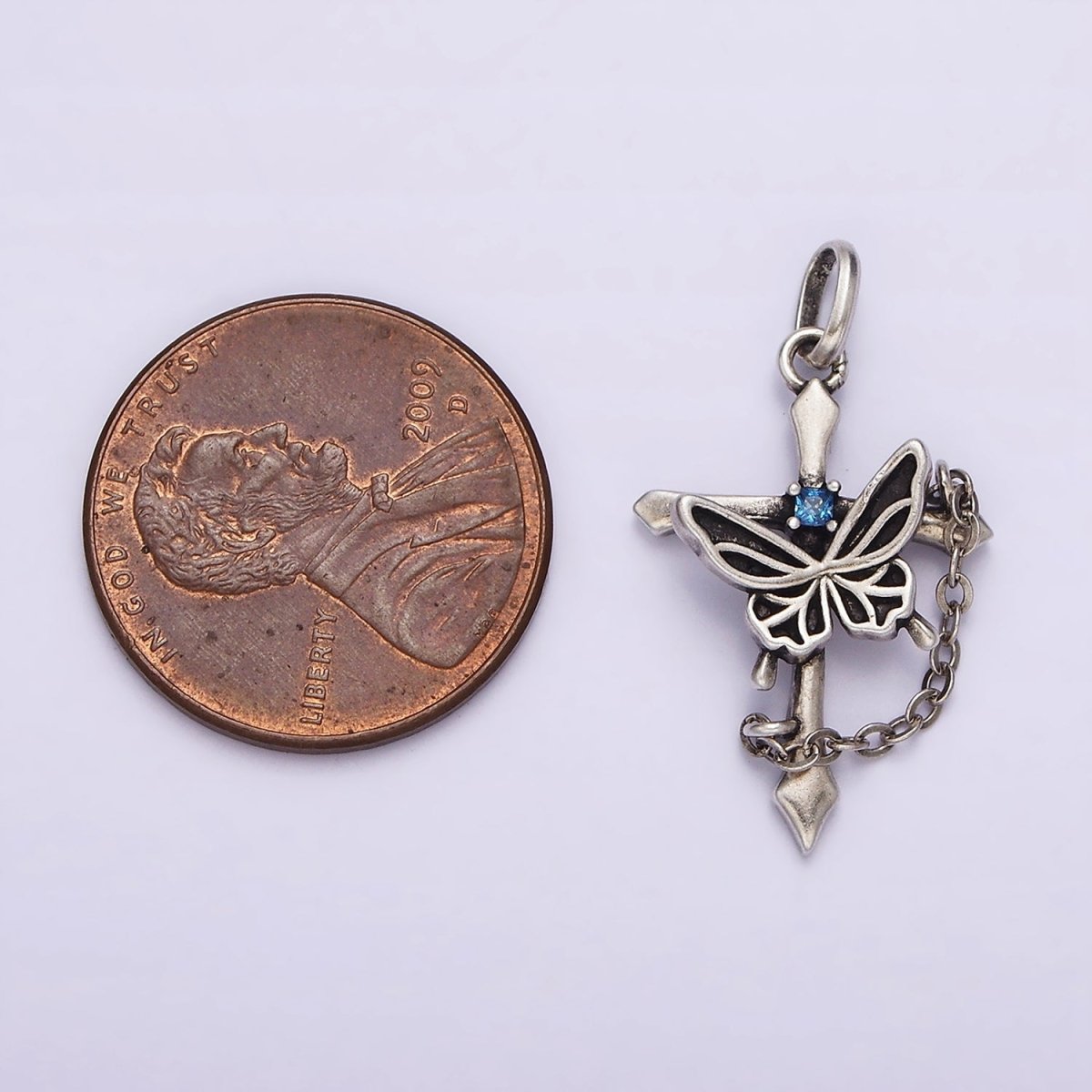 S925 Sterling Silver Blue CZ Butterfly Passion Cross Chain Link Charm | SL-331 - DLUXCA