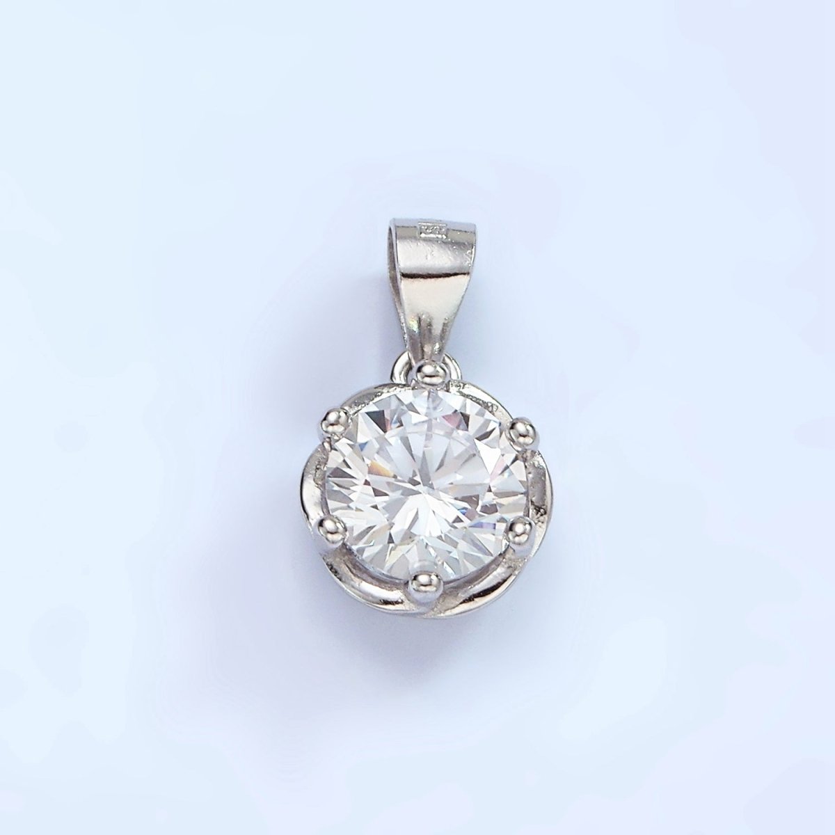 S925 Sterling Silver Clear CZ Round Dotted Bezel Solitaire Pendant | SL-453 - DLUXCA