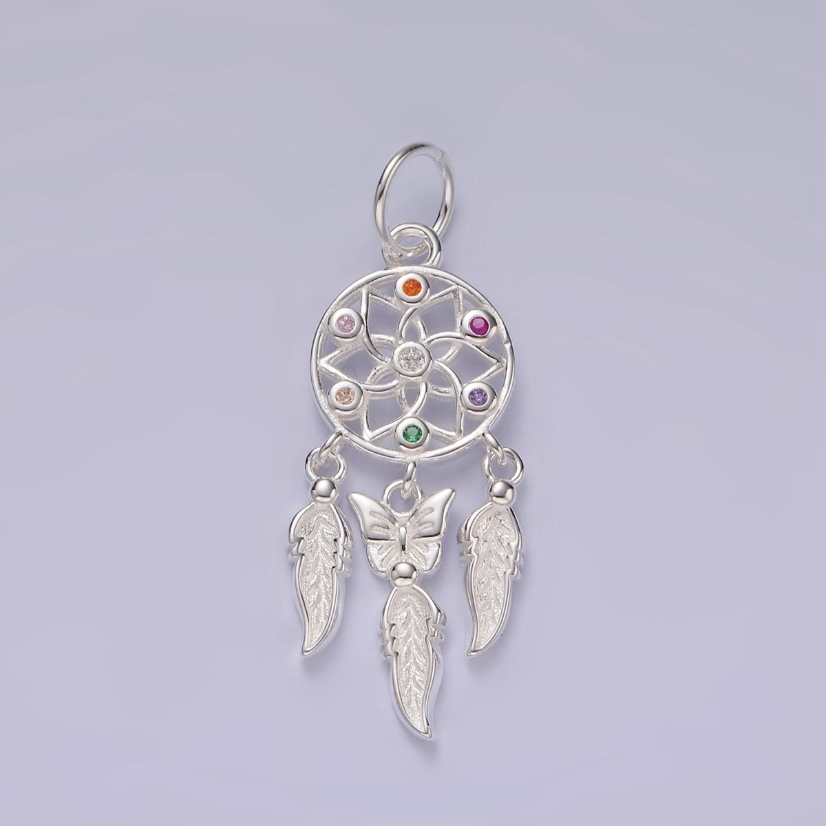 S925 Sterling Silver CZ Multicolor Flower Butterfly Feather Dreamcatcher Open Charm | SL-431 - DLUXCA