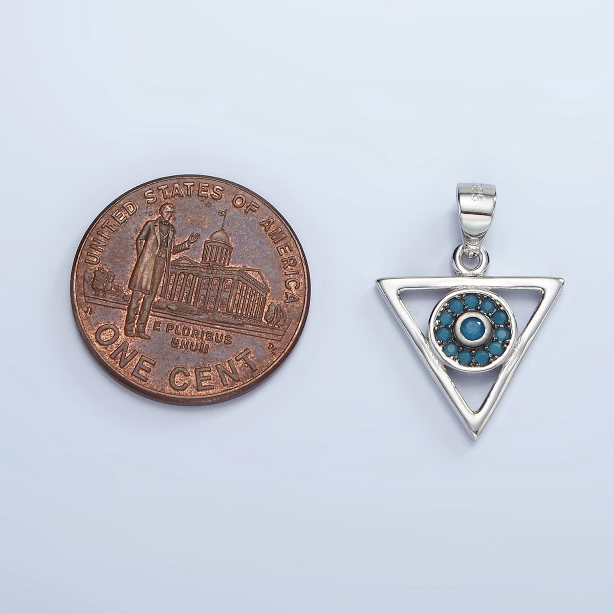 S925 Sterling Silver Evil Eye Turquoise Micro Paved Open Triangle Pendant | SL-464 - DLUXCA