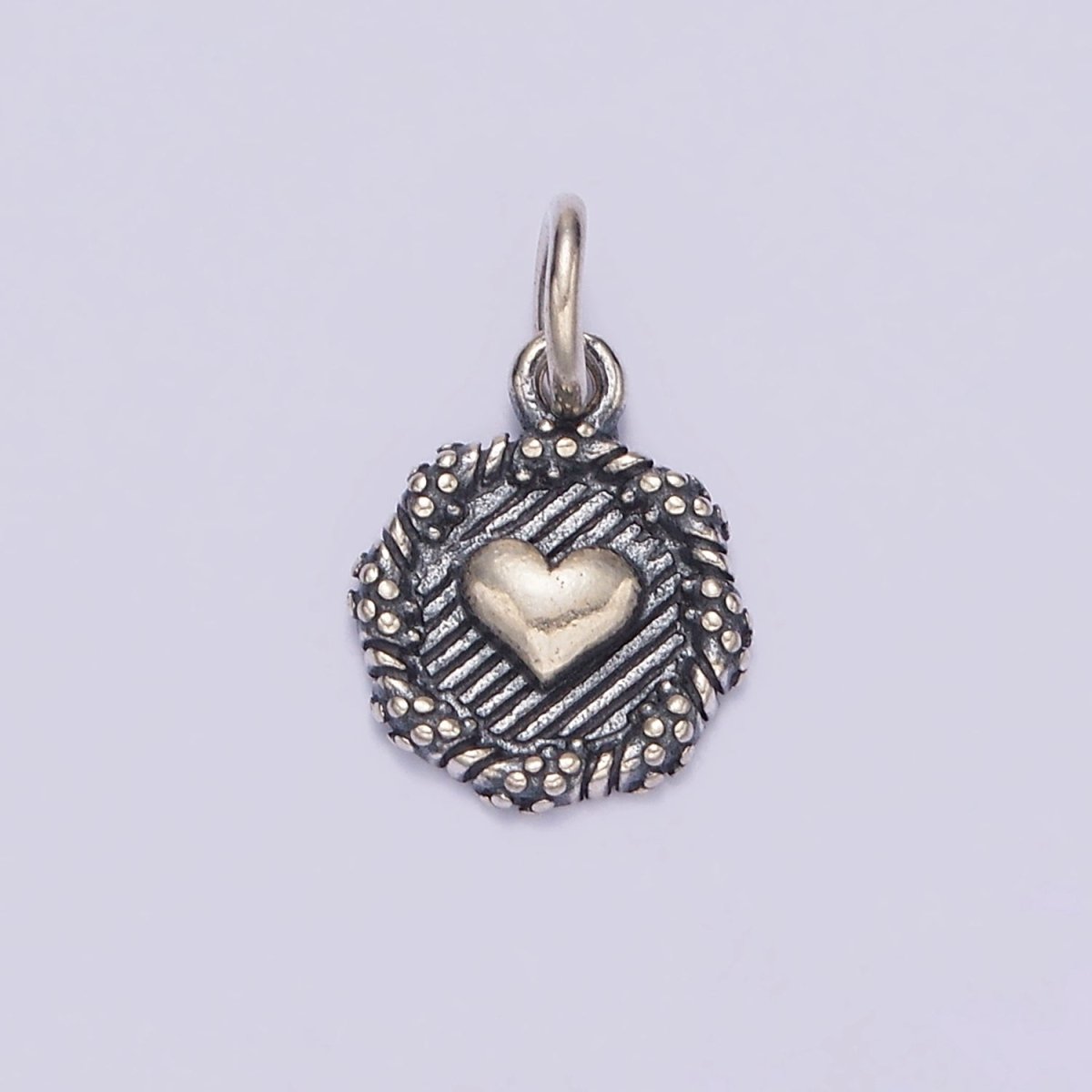 S925 Sterling Silver Heart Line-Textured Dot Braided Round Stamped Charm | SL-356 - DLUXCA