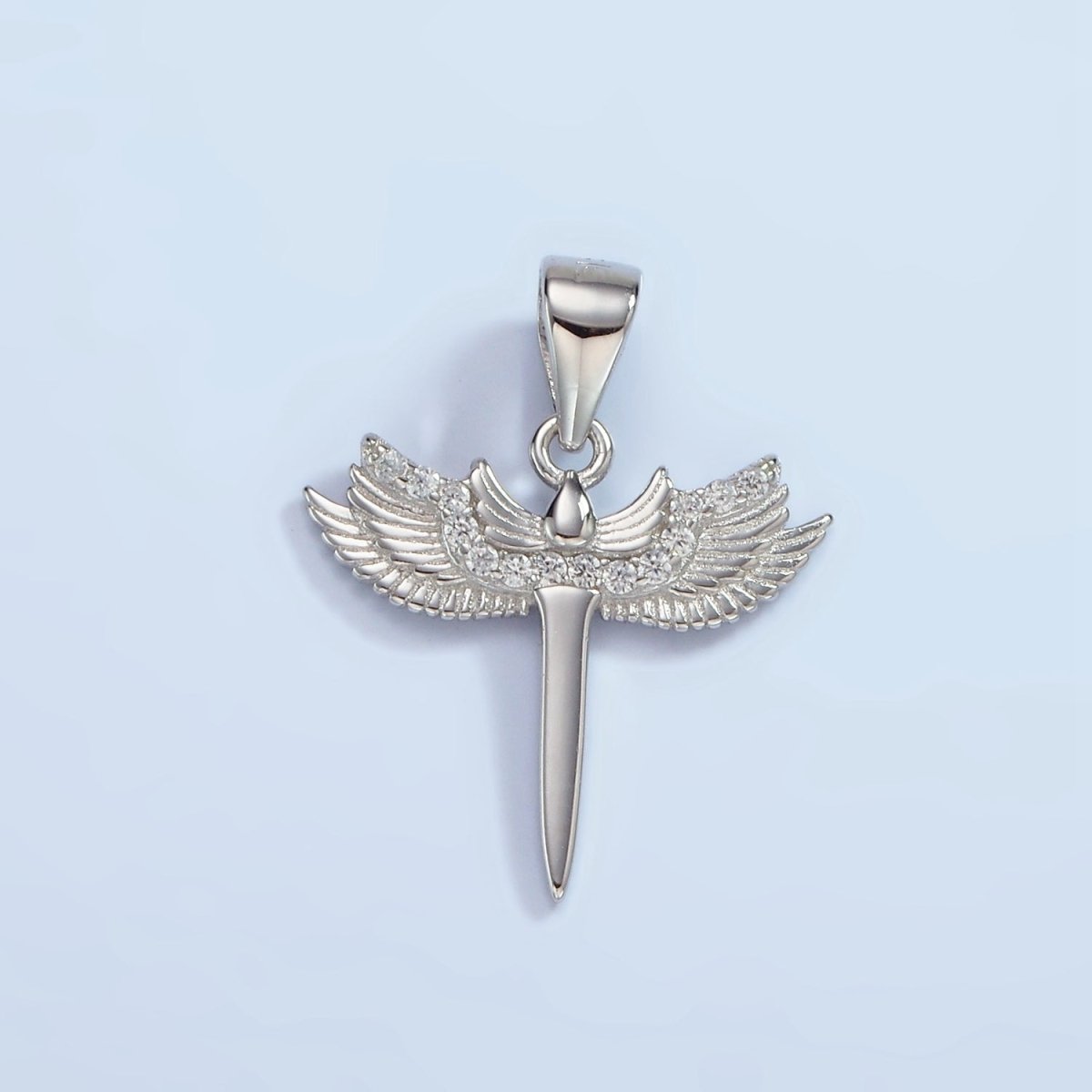 S925 Sterling Silver Micro Paved CZ Feather Wings Sword Pendant | SL-461 - DLUXCA