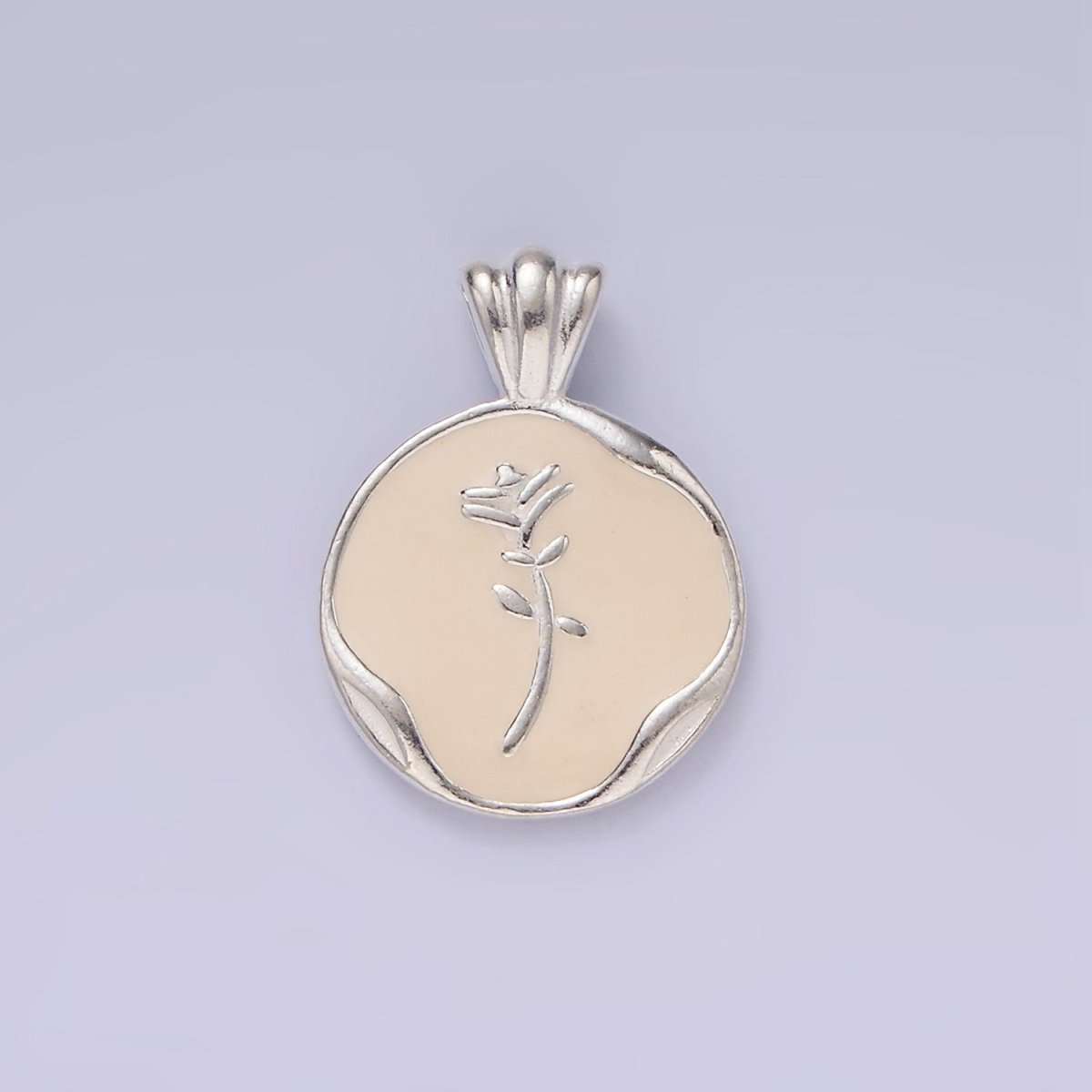 S925 Sterling Silver Rose Flower White Enamel "Love You More" Script Stamped Round Pendant | SL-419 - DLUXCA