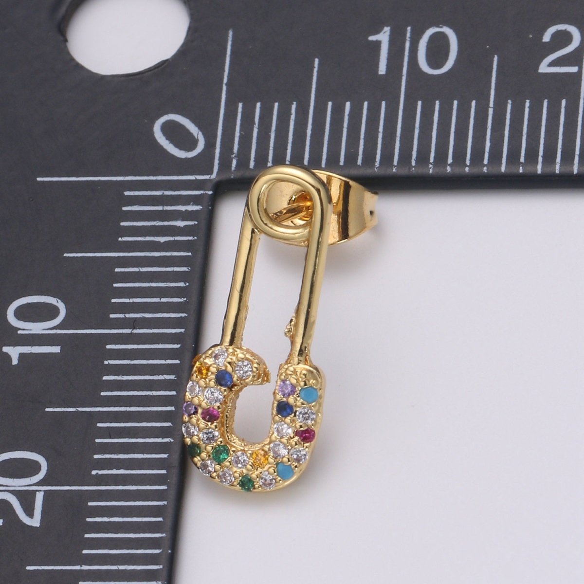 Safety Pin Earring 24K Gold Multi Color Pave Cz Stud Earring, Chunky Stud Design Earring, Q-512 - DLUXCA
