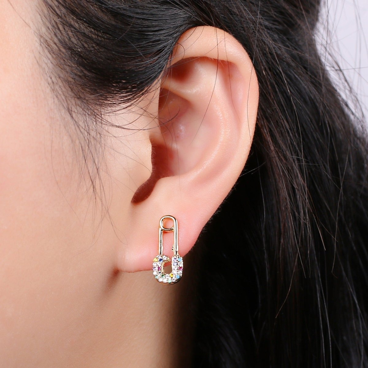 Safety Pin Earring 24K Gold Multi Color Pave Cz Stud Earring, Chunky Stud Design Earring, Q-512 - DLUXCA