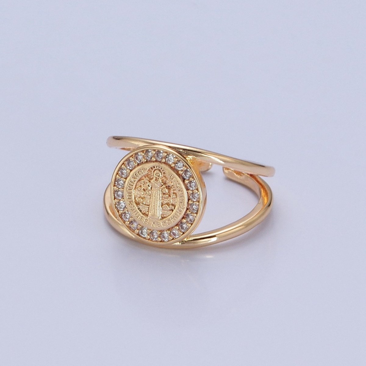 Saint Benedict Ring Gold Statement Religious Jewelry Open Adjustable Ring O-746 - DLUXCA