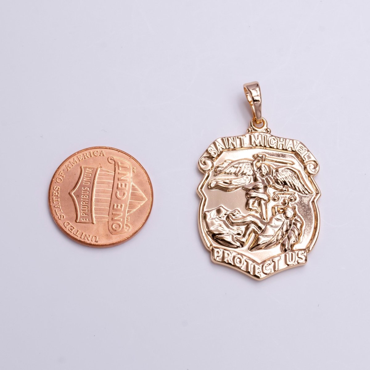 "Saint Michael Protect Us" Prayer Engraved Double Sided Rosey Gold Pendant | AA396 - DLUXCA