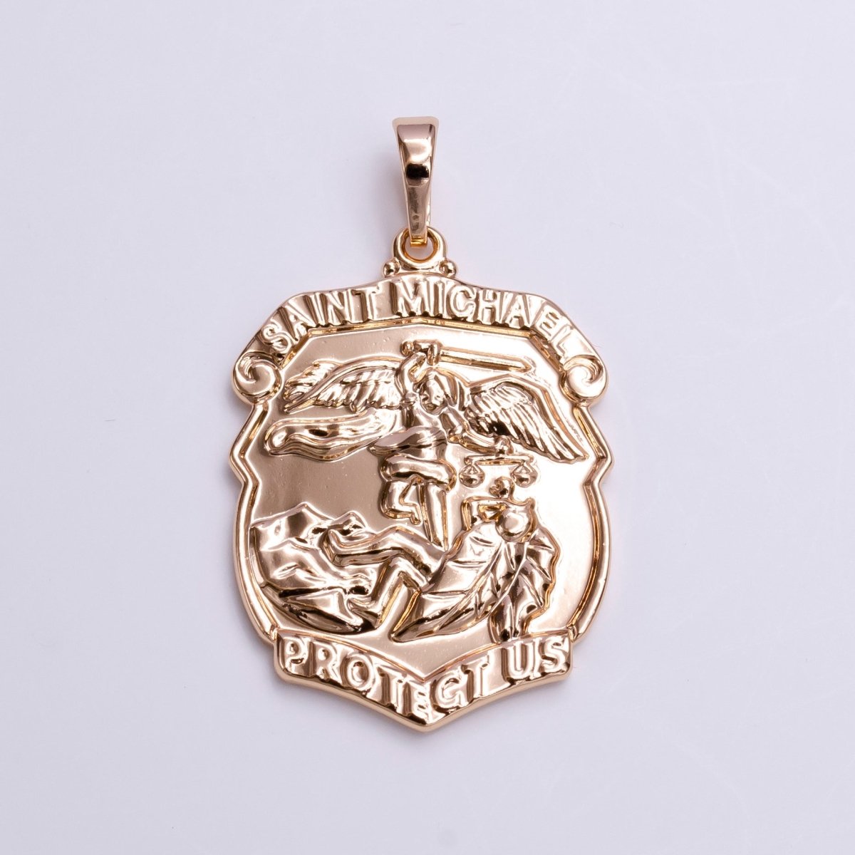 "Saint Michael Protect Us" Prayer Engraved Double Sided Rosey Gold Pendant | AA396 - DLUXCA