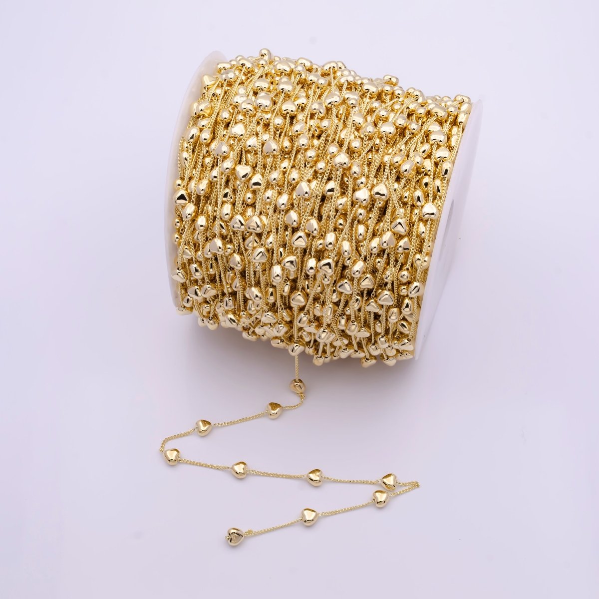 Satellite Heart Bead Chain with Gold Curb Chain by Yard for Jewelry Making Supply | ROLL-827 Clearance Pricing - DLUXCA