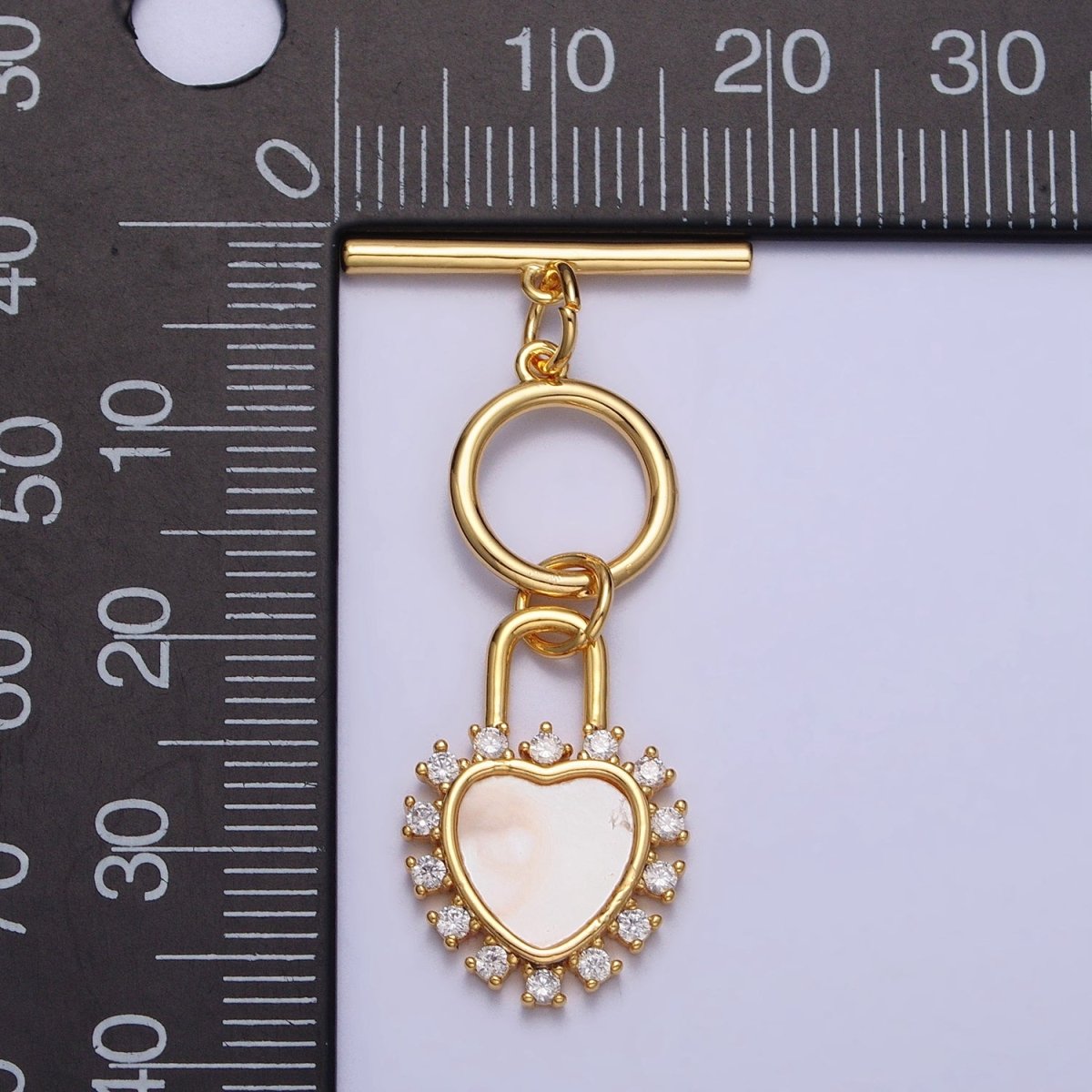 Shell Pearl Clear CZ Heart Padlock Dangle Toggle Clasps Jewelry Closure Supply in Silver & Gold | Z-066 Z-067 - DLUXCA