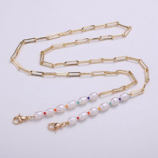 Shell Pearl Face Mask Chain Gold Necklace, Face Mask Holder, Chain ONLY, Pearl Face Mask Chain, Paper Clip Face Mask Chain - DLUXCA