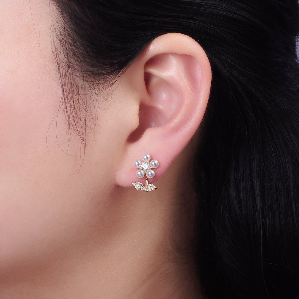 Shell Pearl Flower Micro Paved CZ Leaf Nature Stud Earrings in Gold & Silver | V504 V505 - DLUXCA