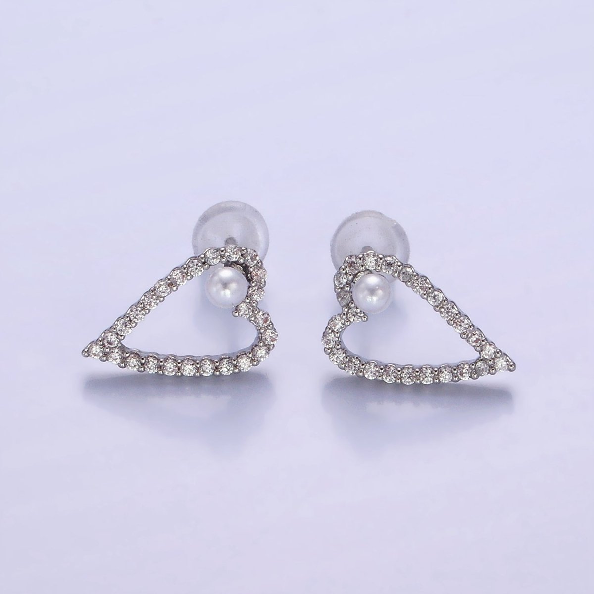 Shell Pearl Open Micro Paved CZ Heart Stud Earrings in Gold & Silver | V516 V517 - DLUXCA