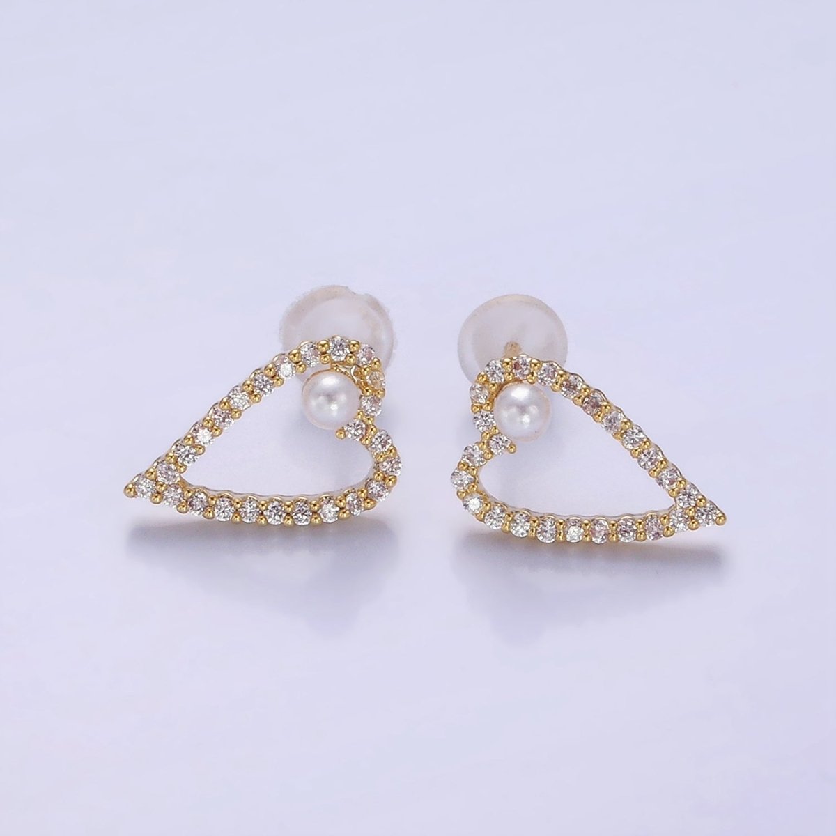 Shell Pearl Open Micro Paved CZ Heart Stud Earrings in Gold & Silver | V516 V517 - DLUXCA