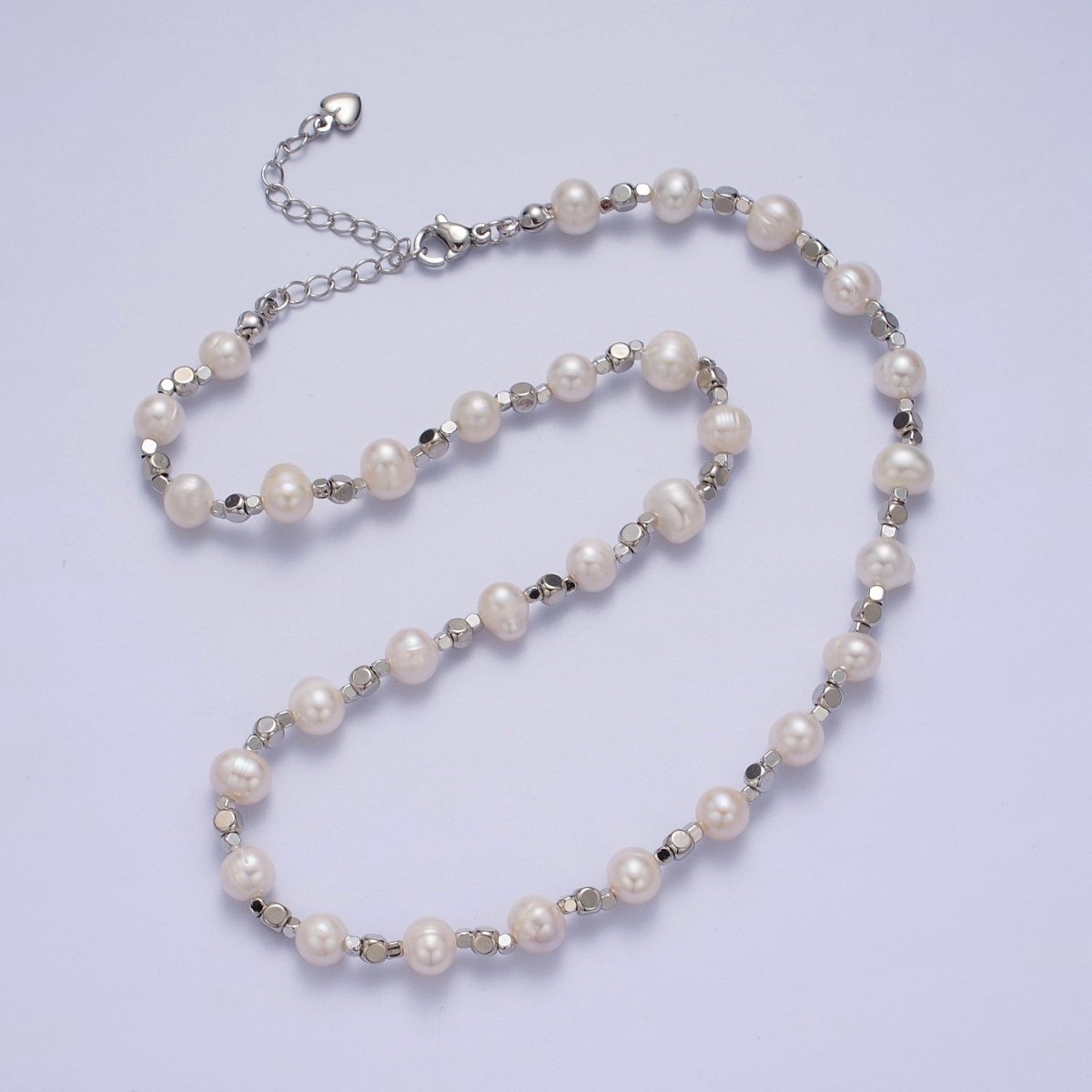 Shell Pearl Silver Cube Spacer Bead 16.5 Inch Necklace | WA-1360 Clearance Pricing - DLUXCA