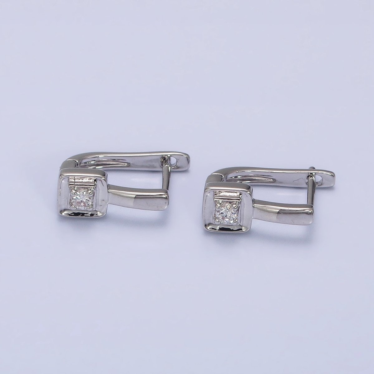 Silver 16mm U-Shaped Oblong Square CZ Geometric English Lock Earrings | AB1550 - DLUXCA