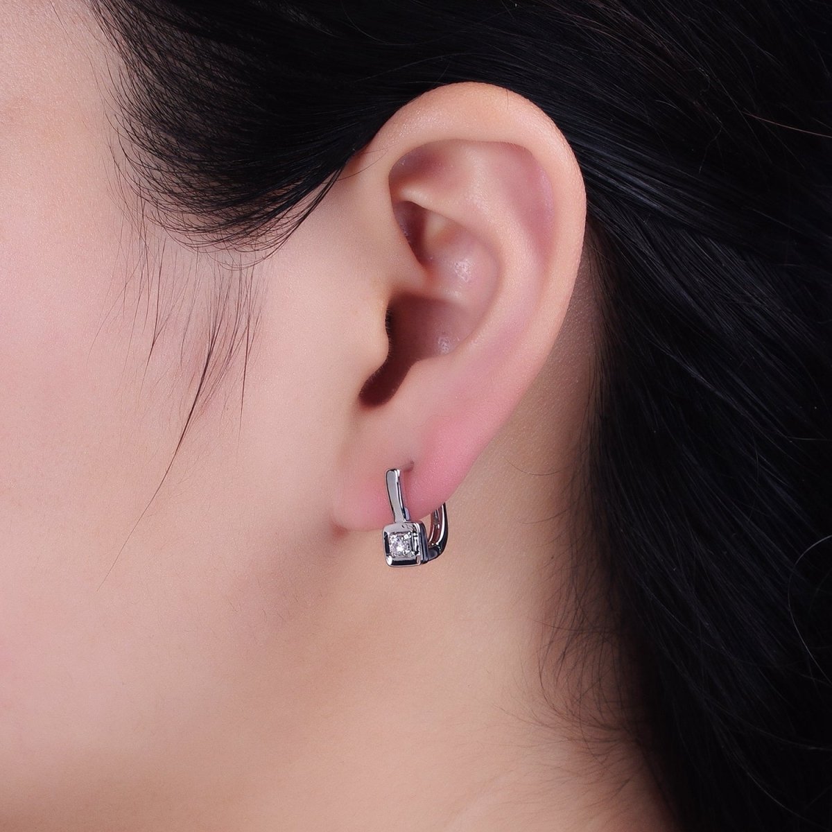 Silver 16mm U-Shaped Oblong Square CZ Geometric English Lock Earrings | AB1550 - DLUXCA