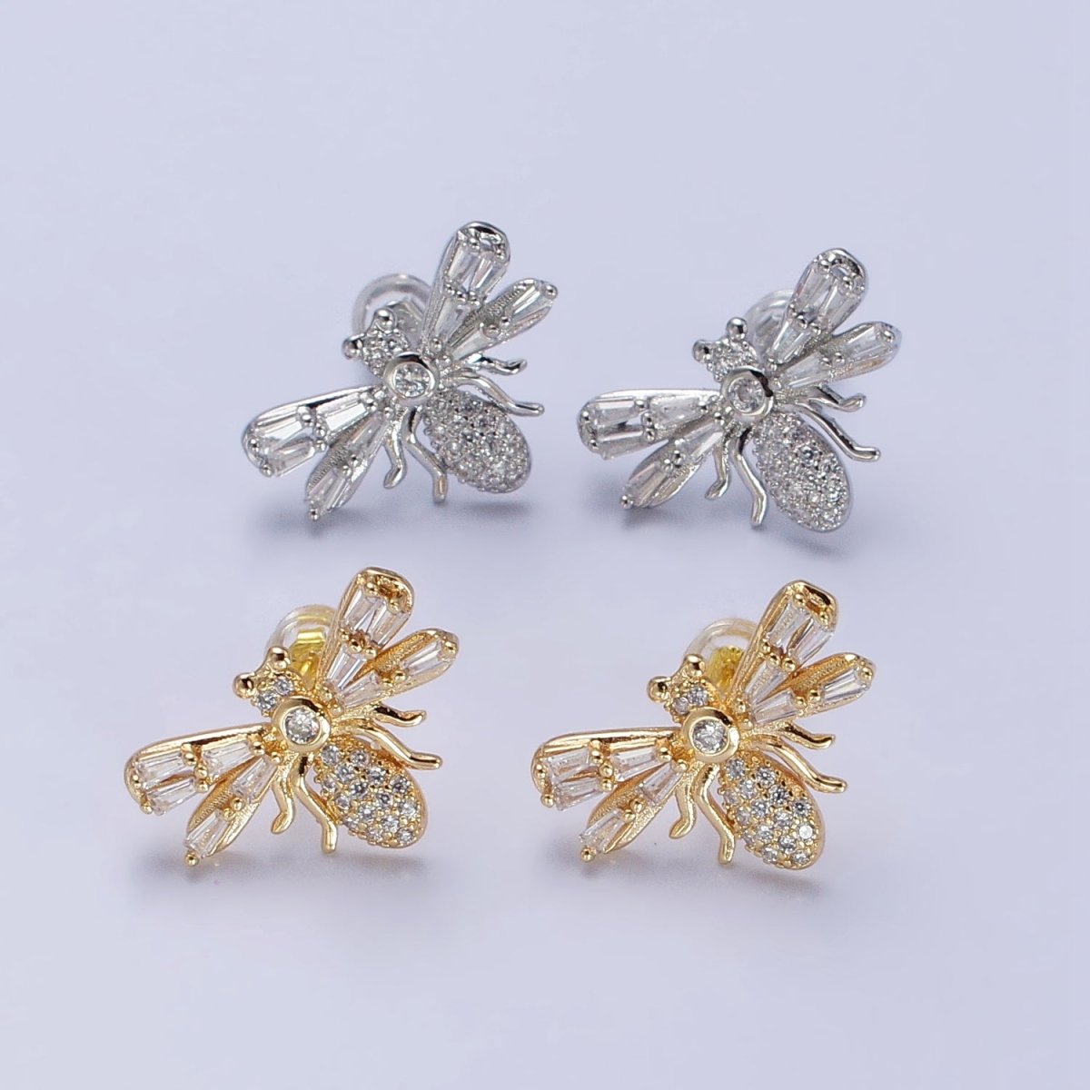Silver Bee Gold Insect Bee Clear Baguette Micro Paved CZ Stud Earrings | AB376 AB504 - DLUXCA