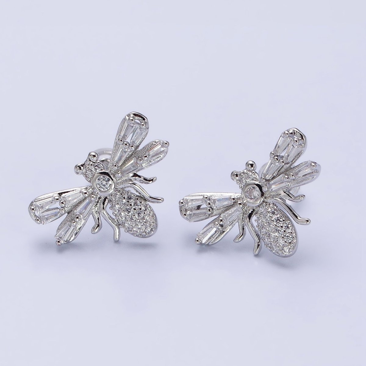 Silver Bee Gold Insect Bee Clear Baguette Micro Paved CZ Stud Earrings | AB376 AB504 - DLUXCA