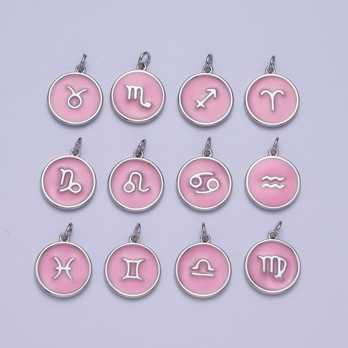 Silver Charm Enamel Pink Zodiac Sign Charms, Horoscope Symbol Birthday Disc pendant Astrology sign X-289 - X-300 - DLUXCA