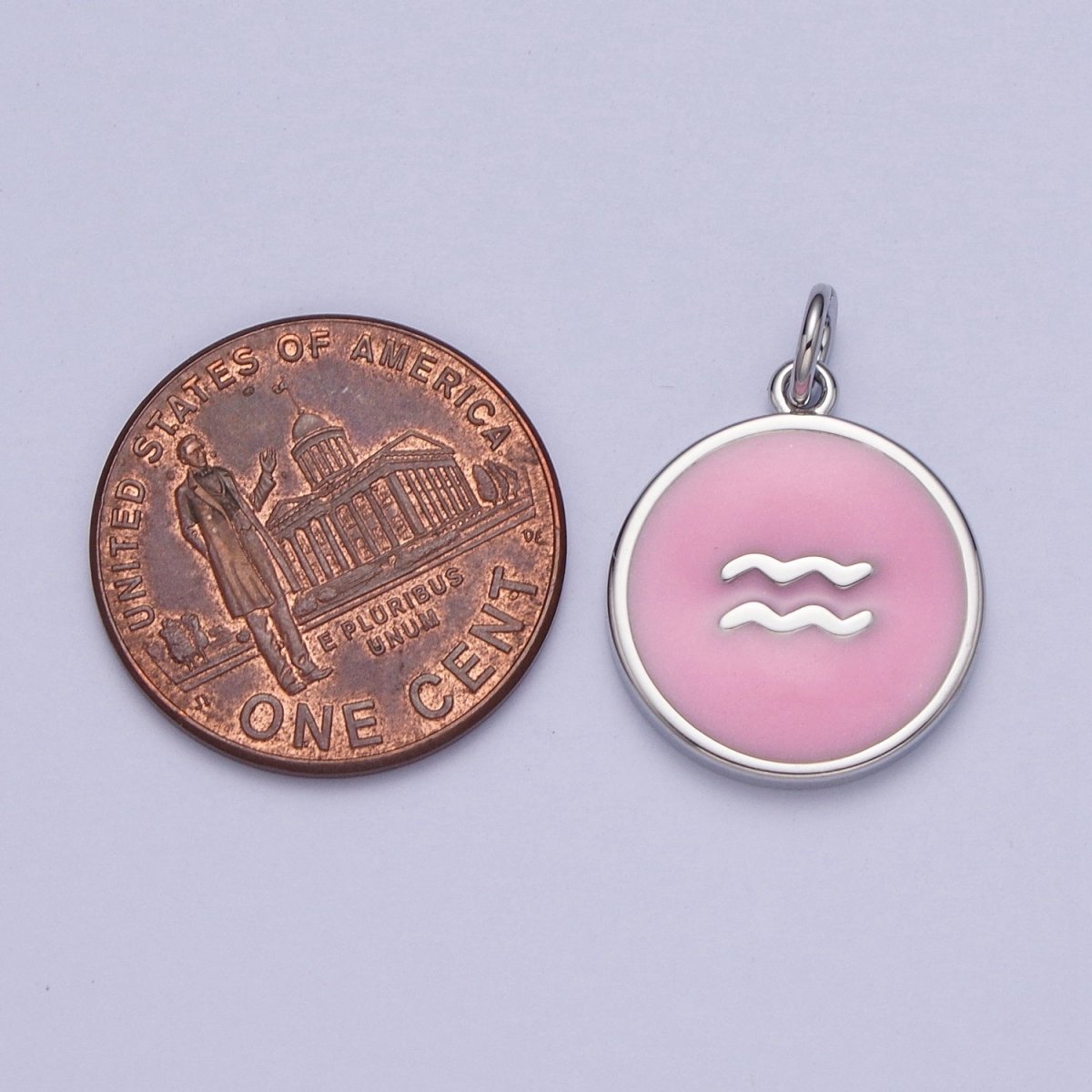 Silver Charm Enamel Pink Zodiac Sign Charms, Horoscope Symbol Birthday Disc pendant Astrology sign X-289 - X-300 - DLUXCA