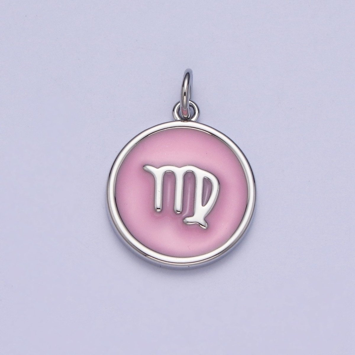 Silver Charm Enamel Pink Zodiac Sign Charms, Horoscope Symbol Birthday Disc pendant Astrology sign X-289 - X-300 - DLUXCA