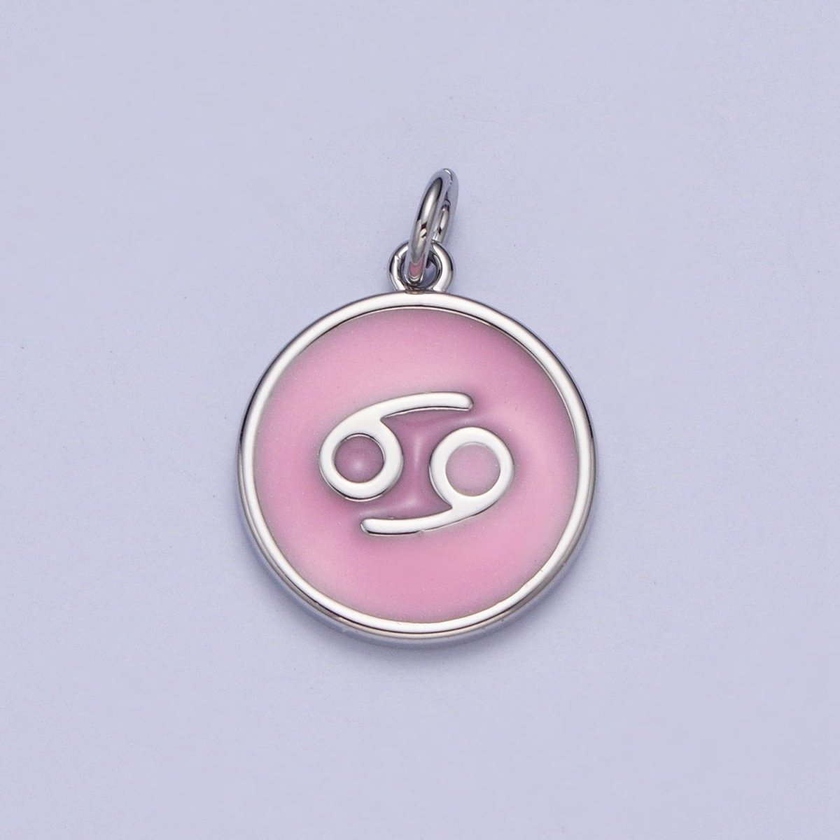 Silver Charm Enamel Pink Zodiac Sign Charms, Horoscope Symbol Birthday Disc pendant Astrology sign X-289 - X-300 - DLUXCA