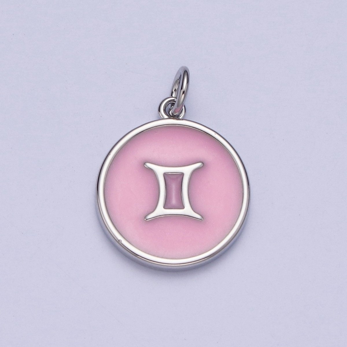 Silver Charm Enamel Pink Zodiac Sign Charms, Horoscope Symbol Birthday Disc pendant Astrology sign X-289 - X-300 - DLUXCA