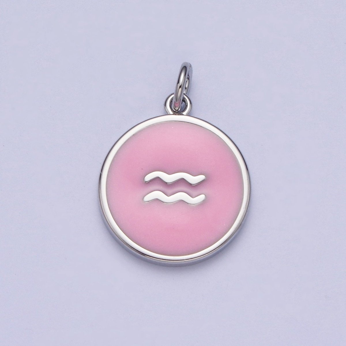 Silver Charm Enamel Pink Zodiac Sign Charms, Horoscope Symbol Birthday Disc pendant Astrology sign X-289 - X-300 - DLUXCA