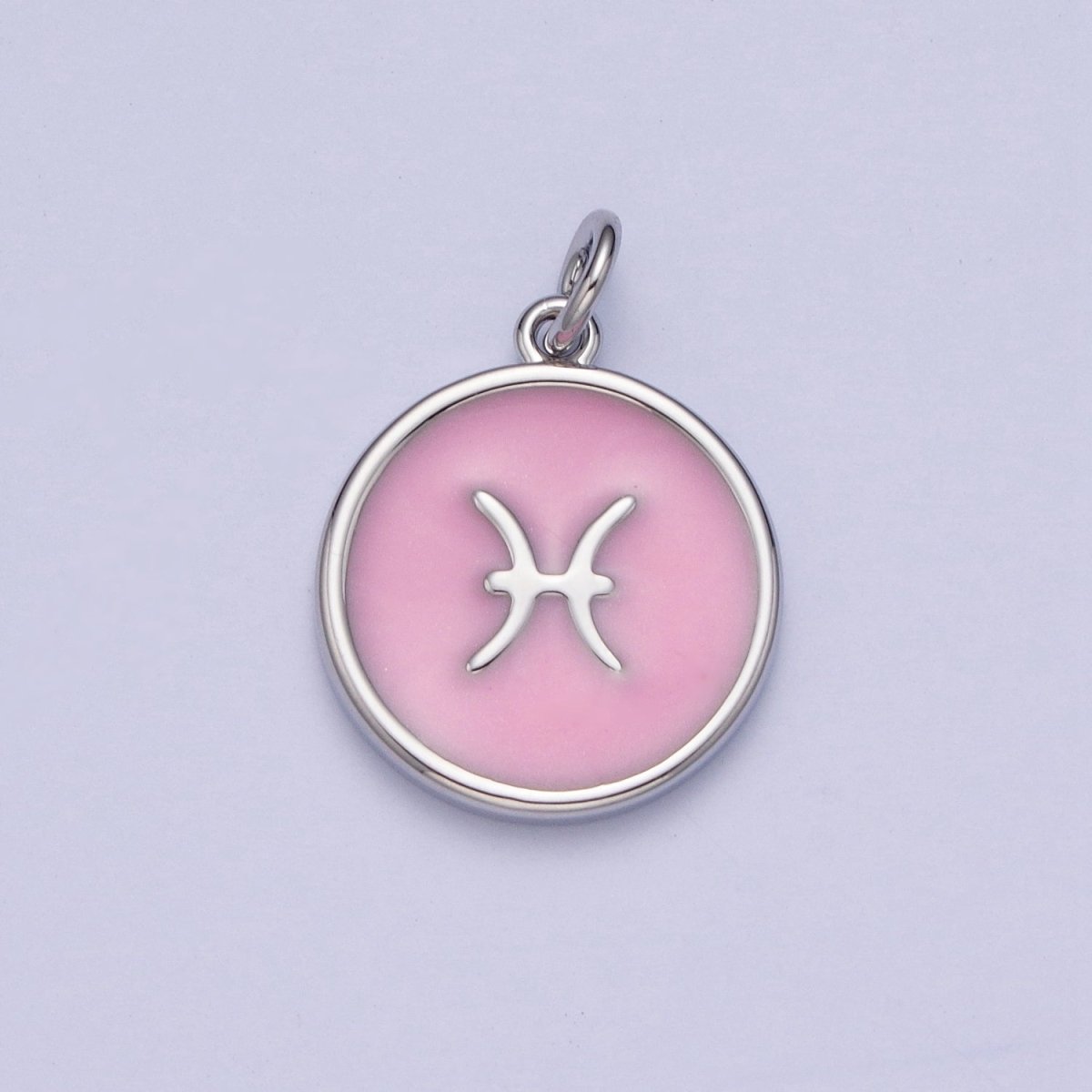 Silver Charm Enamel Pink Zodiac Sign Charms, Horoscope Symbol Birthday Disc pendant Astrology sign X-289 - X-300 - DLUXCA