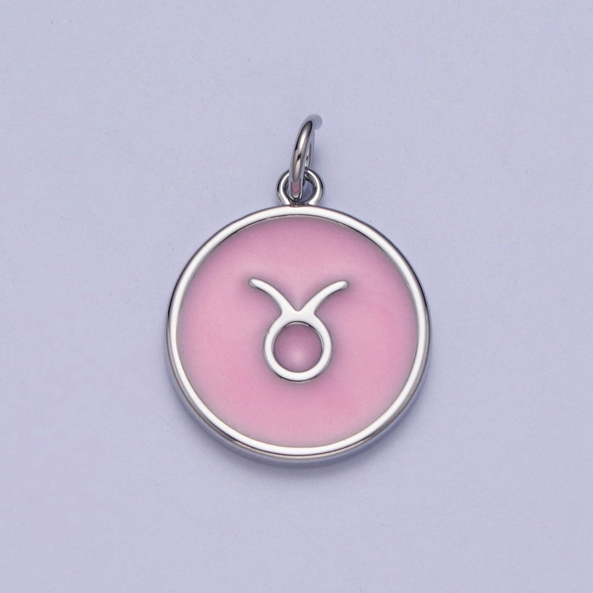 Silver Charm Enamel Pink Zodiac Sign Charms, Horoscope Symbol Birthday Disc pendant Astrology sign X-289 - X-300 - DLUXCA