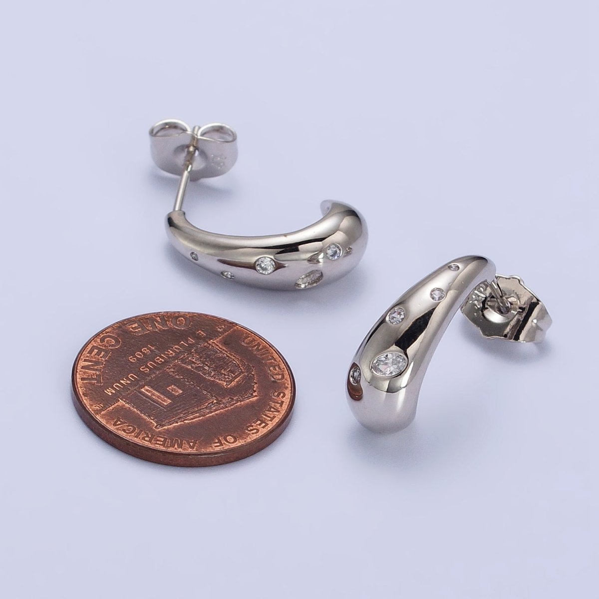Silver Chubby Drip Drop CZ Dotted J-Shaped Geometric Hoop Earrings | AB431 - DLUXCA
