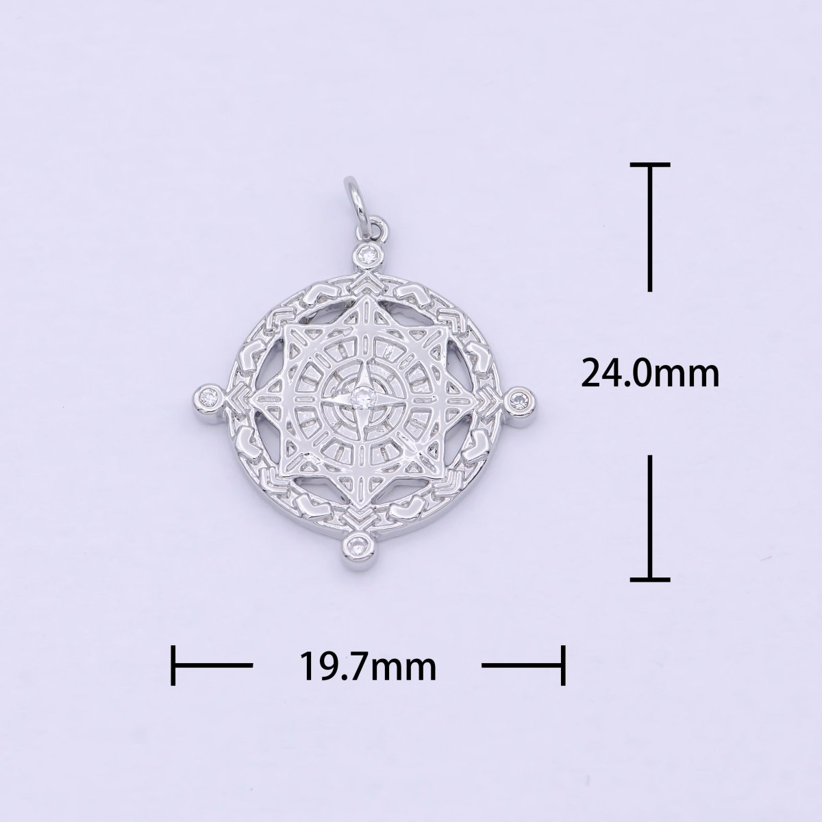 Silver Compass Pendant, cubic zirconia cz diamonds medallion pendant for Necklace Jewelry Making W-182 - DLUXCA