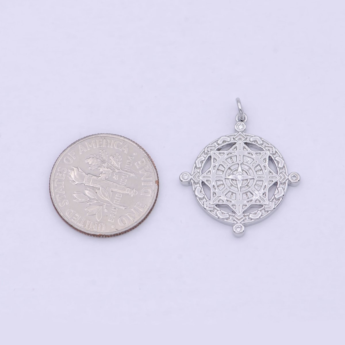 Silver Compass Pendant, cubic zirconia cz diamonds medallion pendant for Necklace Jewelry Making W-182 - DLUXCA