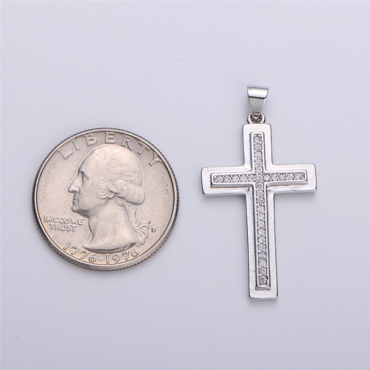 Silver Cross CZ Micro Pave Cross Pendant Charm, Cubic Zirconia Focal Cross Pendant, Necklace Charm Religious Jewelry 37x20mm I-609 - DLUXCA