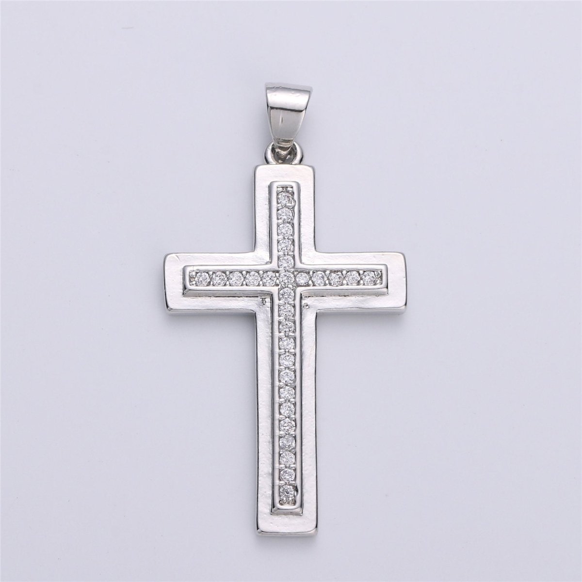 Silver Cross CZ Micro Pave Cross Pendant Charm, Cubic Zirconia Focal Cross Pendant, Necklace Charm Religious Jewelry 37x20mm I-609 - DLUXCA