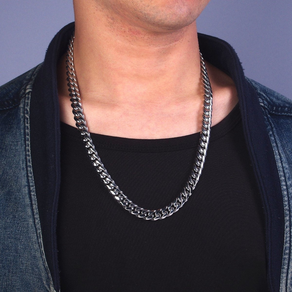 Silver Curb Chain Cuban Necklace for Men - Heavy Stainless Steel 10,12,14 mm Thickness 24.5 inch long | WA-1729 WA-1730 WA-1731 Clearance Pricing - DLUXCA