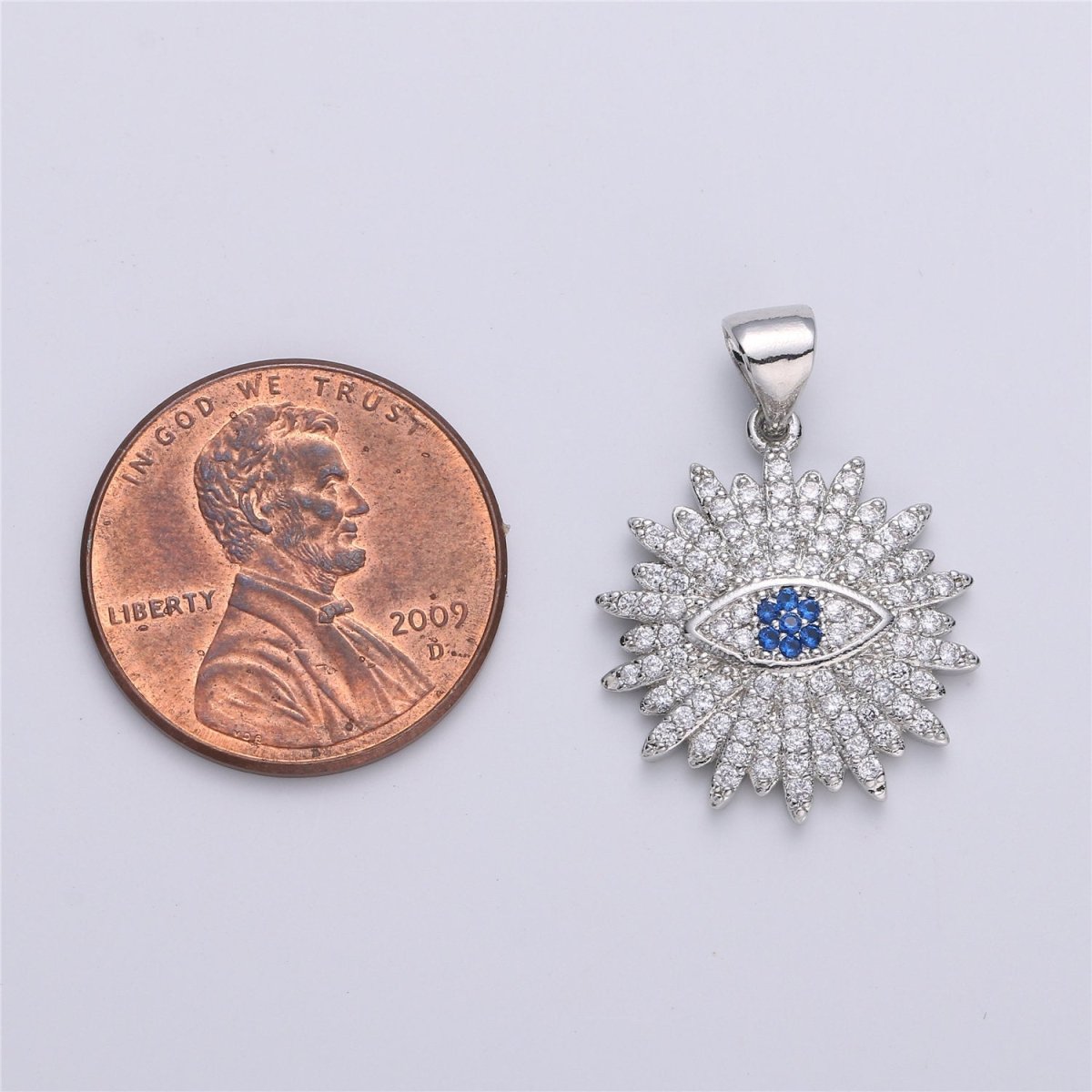 Silver Evil Eye Charm Round Disc Evil Eye Pendant, Cubic Medallion Coin Charm, Religious Charm, Micro Pave Sunburst Charm talisman Jewelry I-605 - DLUXCA