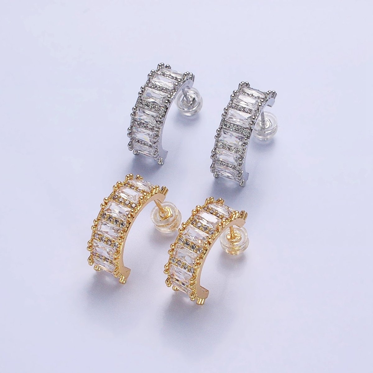 Silver, Gold 16.5mm Clear Baguette Micro Paved CZ Band C-Shaped Gold Stud Hoops Earrings | AB802 AB830 - DLUXCA