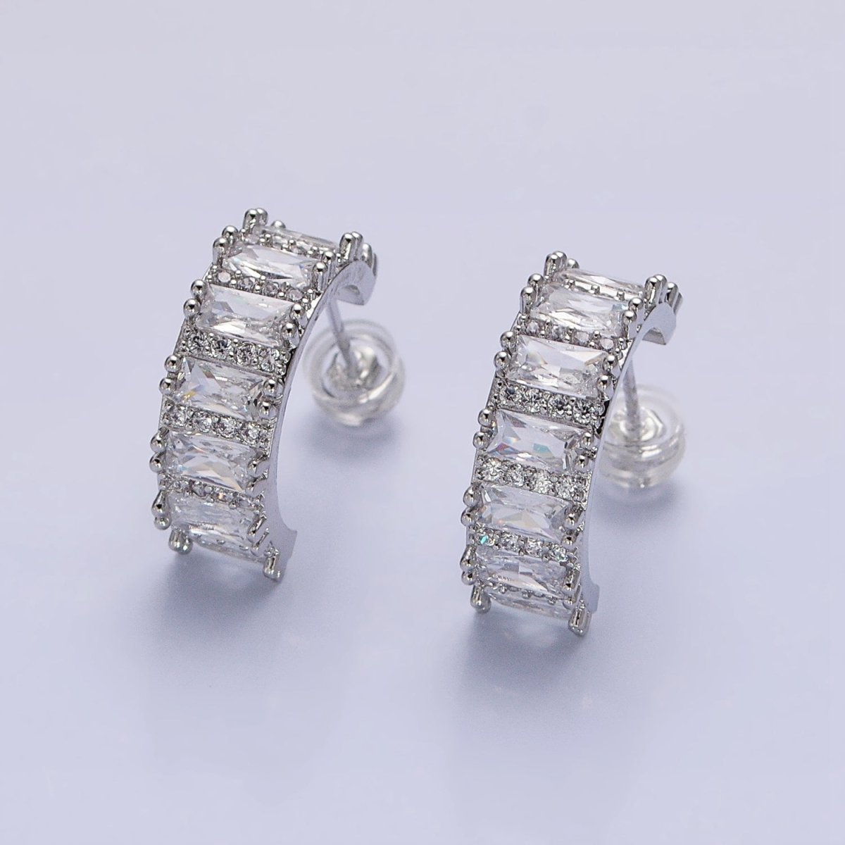 Silver, Gold 16.5mm Clear Baguette Micro Paved CZ Band C-Shaped Gold Stud Hoops Earrings | AB802 AB830 - DLUXCA